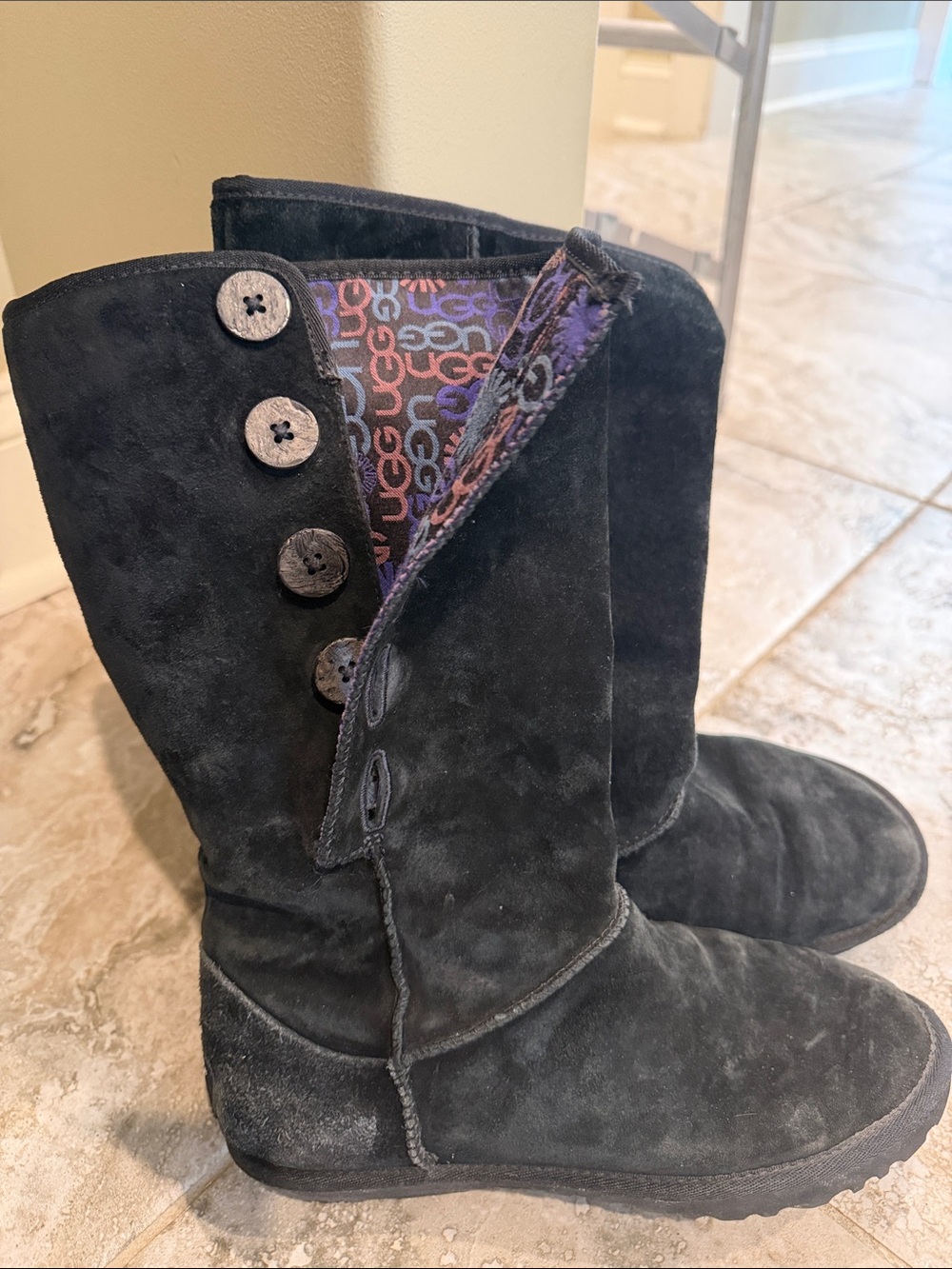 UGG Black Suede Button-Up Mid-Calf Boots with Patterned Logo Lining